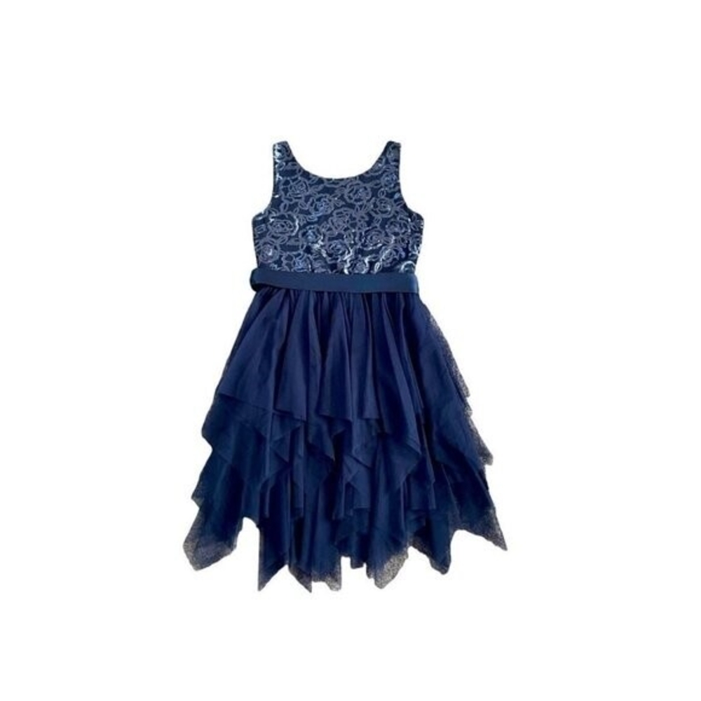 Zunie Navy Blue Sequin Top Ruffle Tulle Skirt Dress Bow Front Girls Size 8 NWT - Picture 4 of 6